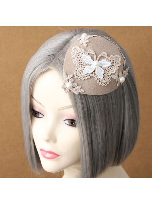 Fashion Retro Palace Pink Lace Butterfly Pearl Lady Autumn Winter Small Top Hat Hairpin