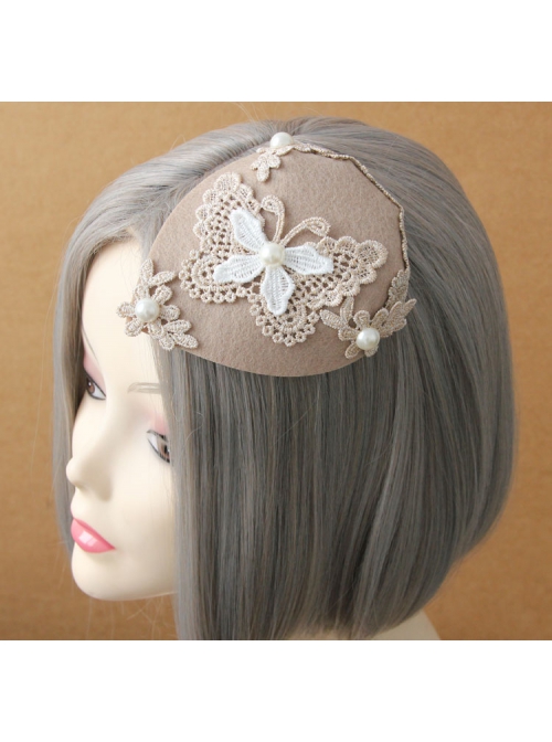 Fashion Retro Palace Pink Lace Butterfly Pearl Lady Autumn Winter Small Top Hat Hairpin