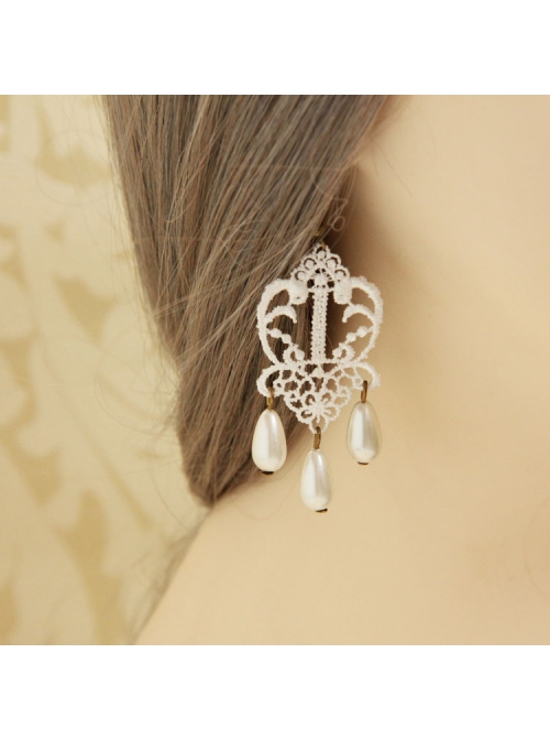 Retro Palace Fashion Baroque Female White Lace Pearl Handmade Earrings