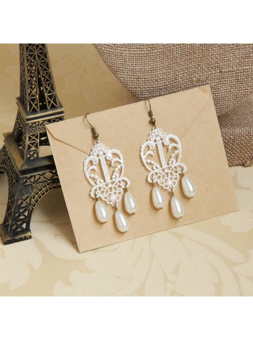 Retro Palace Fashion Baroque Female White Lace Pearl Handmade Earrings