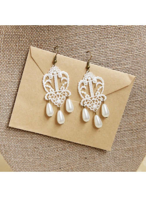 Retro Palace Fashion Baroque Female White Lace Pearl Handmade Earrings