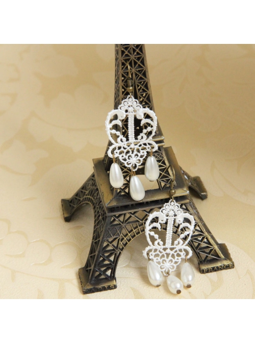 Retro Palace Fashion Baroque Female White Lace Pearl Handmade Earrings