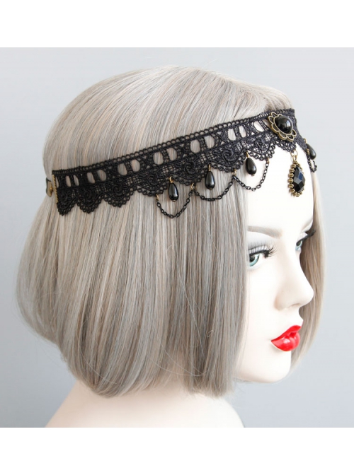 Fashion Retro Halloween Prom Gothic Black Lace Jewel Pearl Headband