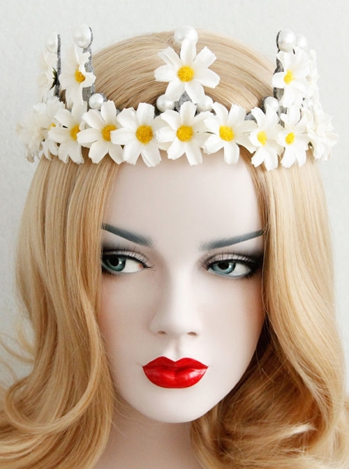 Fashion Retro Christmas White Daisy Flowers Pearl Crown Bridal Female Hairband
