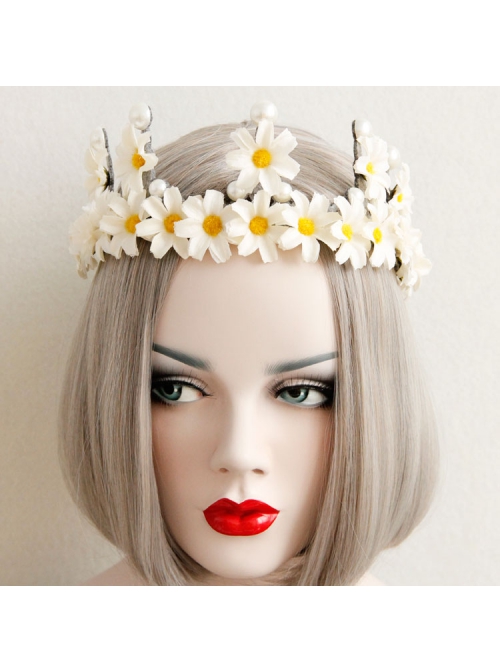 Fashion Retro Christmas White Daisy Flowers Pearl Crown Bridal Female Hairband
