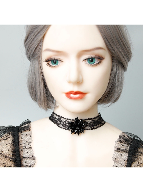 Gothic Retro Personality Lace Beaded Flower Man-Made Crystal Fashion Black Choker