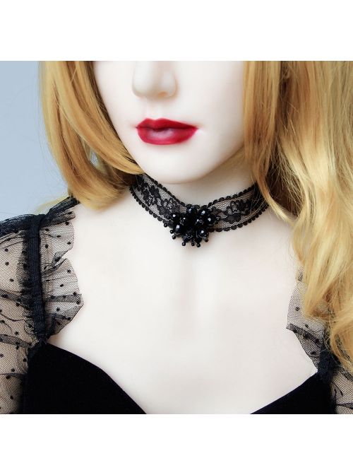 Gothic Retro Personality Lace Beaded Flower Man-Made Crystal Fashion Black Choker