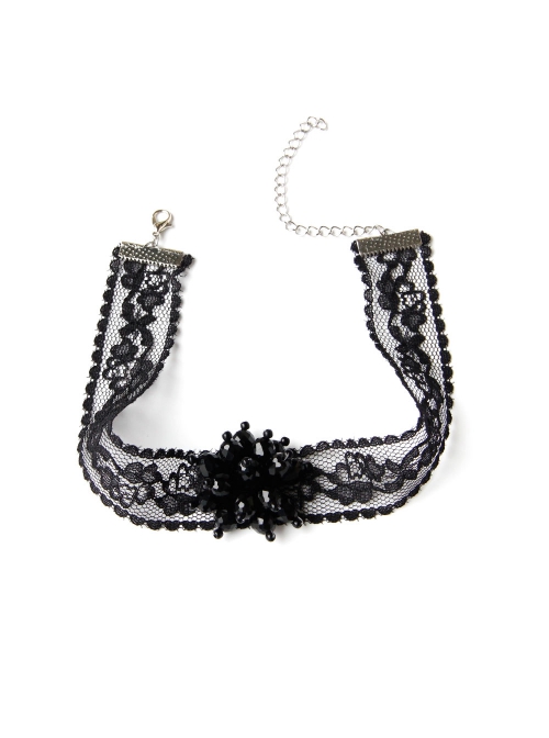 Gothic Retro Personality Lace Beaded Flower Man-Made Crystal Fashion Black Choker