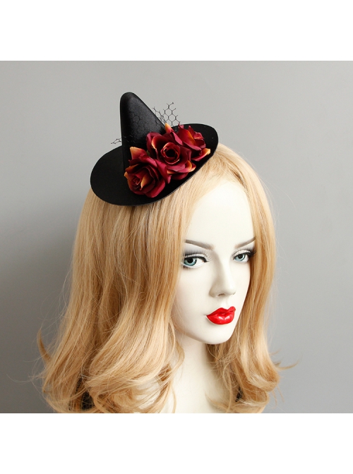 Gothic Retro Fashion Halloween Witch Black Net Gauze Red Rose Masquerade Party Hat Hairpin