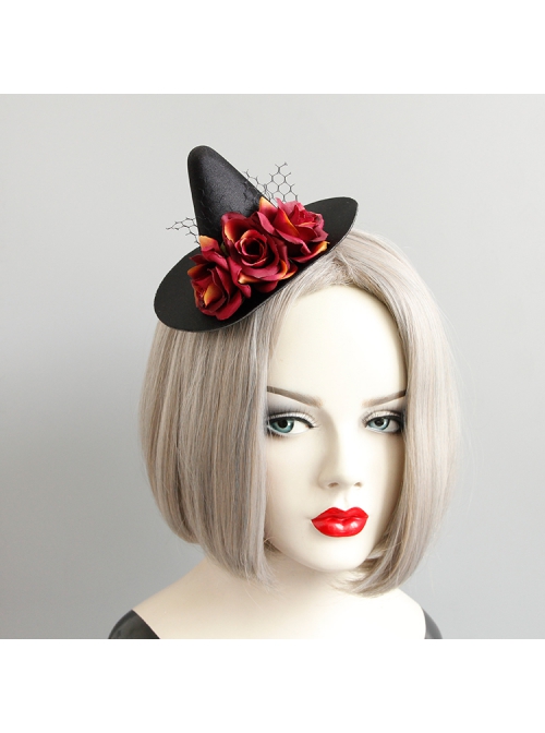 Gothic Retro Fashion Halloween Witch Black Net Gauze Red Rose Masquerade Party Hat Hairpin