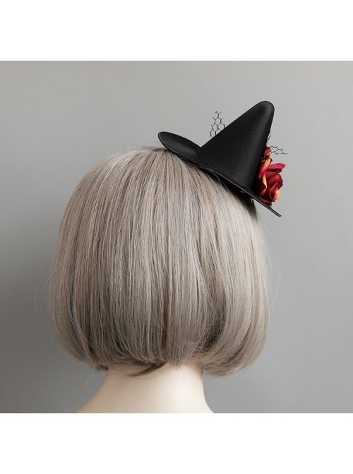 Gothic Retro Fashion Halloween Witch Black Net Gauze Red Rose Masquerade Party Hat Hairpin
