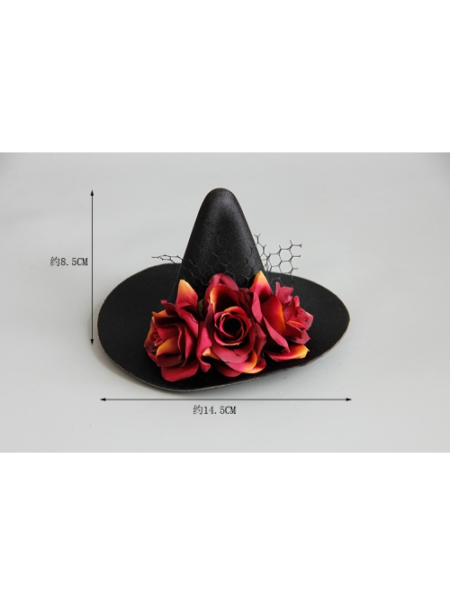 Gothic Retro Fashion Halloween Witch Black Net Gauze Red Rose Masquerade Party Hat Hairpin