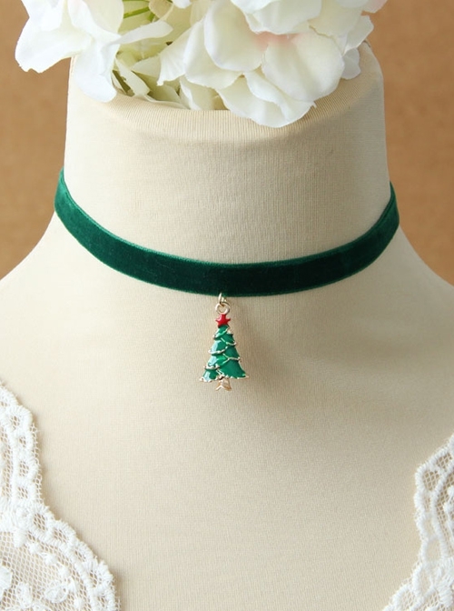 Simple Green Holiday Christmas Fashion Retro Christmas Tree Velvet Rope Choker