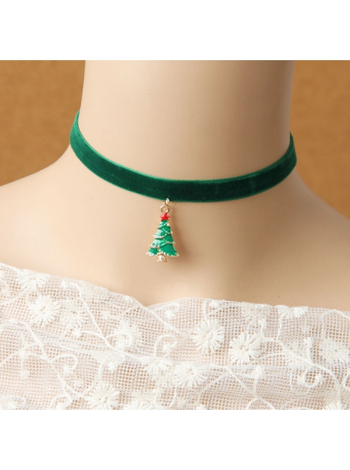 Simple Green Holiday Christmas Fashion Retro Christmas Tree Velvet Rope Choker