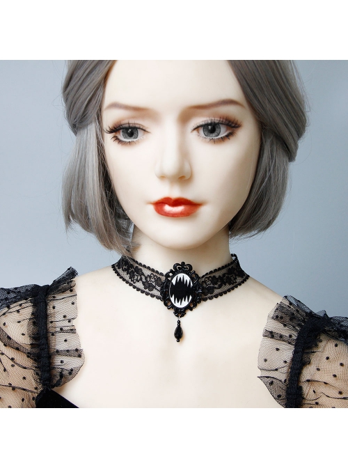Gothic Fashion Retro Exaggerated Personality Halloween Black Lace Leather Female Pendant Collar