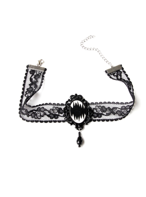 Gothic Fashion Retro Exaggerated Personality Halloween Black Lace Leather Female Pendant Collar