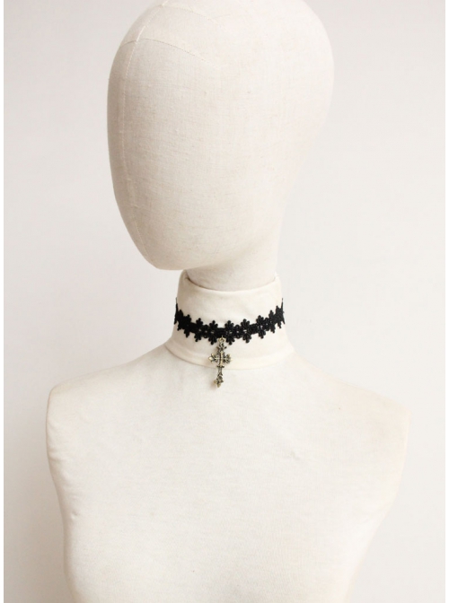 Gothic Retro Fashion Personality All-Match Black Lace Cross Female Choker