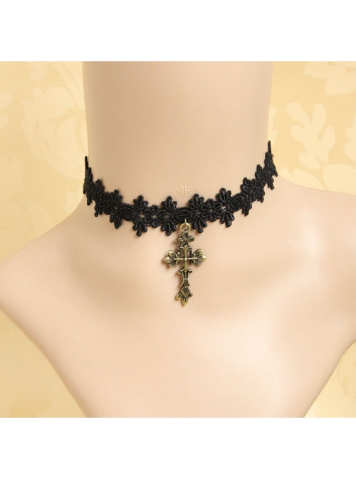 Gothic Retro Fashion Personality All-Match Black Lace Cross Female Choker