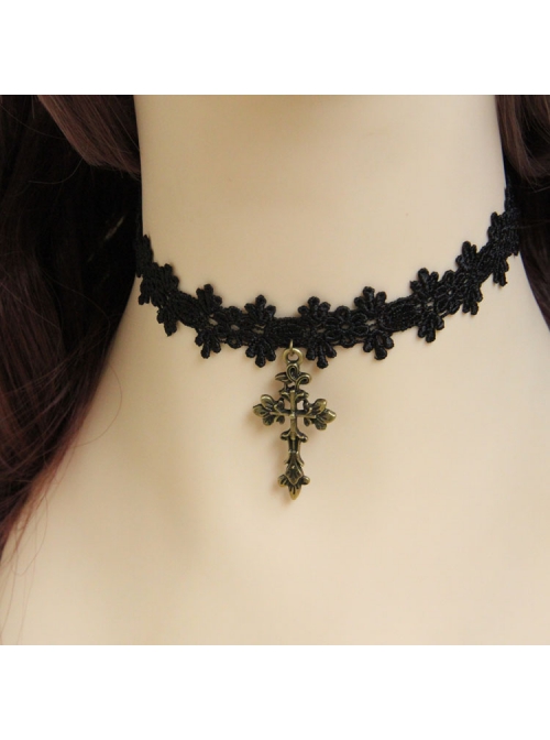 Gothic Retro Fashion Personality All-Match Black Lace Cross Female Choker