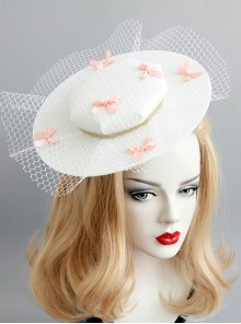 Retro Fashion White Net Yarn Pink Bow Prom Party Exaggerated Top Hat