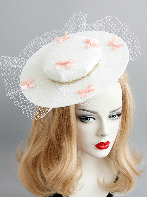 Retro Fashion White Net Yarn Pink Bow Prom Party Exaggerated Top Hat