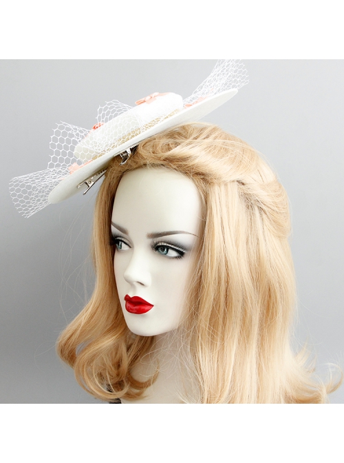 Retro Fashion White Net Yarn Pink Bow Prom Party Exaggerated Top Hat