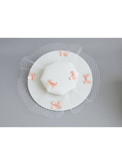 Retro Fashion White Net Yarn Pink Bow Prom Party Exaggerated Top Hat