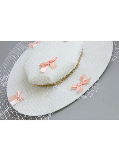 Retro Fashion White Net Yarn Pink Bow Prom Party Exaggerated Top Hat