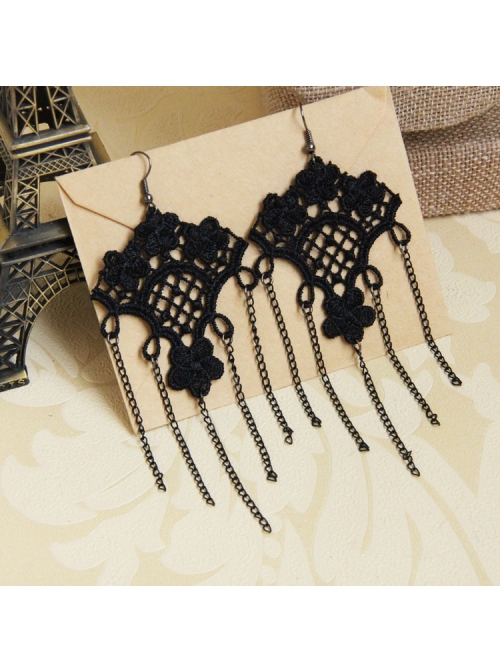 Retro Fashion Gothic Black Tassel Lace Exaggerated Popular Female Earrings