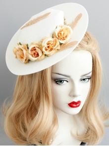 Retro Fashion Palace Baroque Banquet Feather Rose Flower White Top Hat
