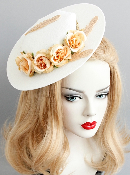 Retro Fashion Palace Baroque Banquet Feather Rose Flower White Top Hat