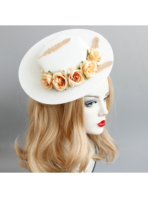 Retro Fashion Palace Baroque Banquet Feather Rose Flower White Top Hat
