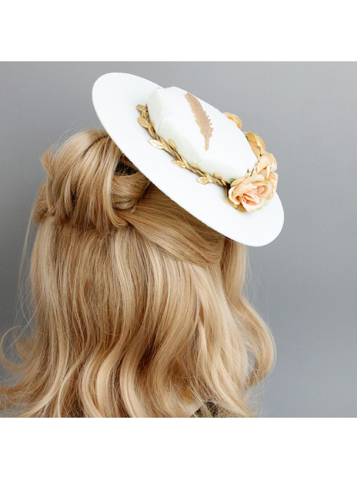Retro Fashion Palace Baroque Banquet Feather Rose Flower White Top Hat