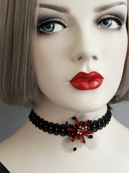 Gothic Retro Black Lace Burgundy Flowers Stretch Sweet Fashion Choker