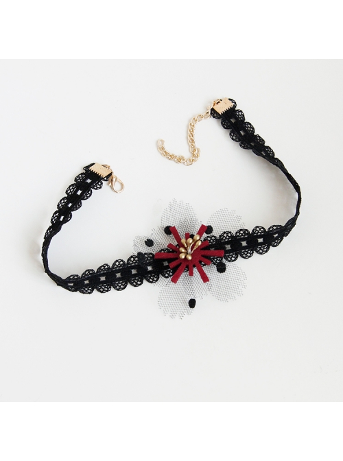 Gothic Retro Black Lace Burgundy Flowers Stretch Sweet Fashion Choker