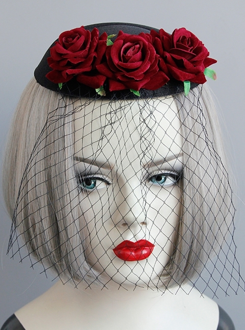 Gothic Halloween Christmas Retro Fashion Dinner Black Veil Red Rose Flower Small Top Hat