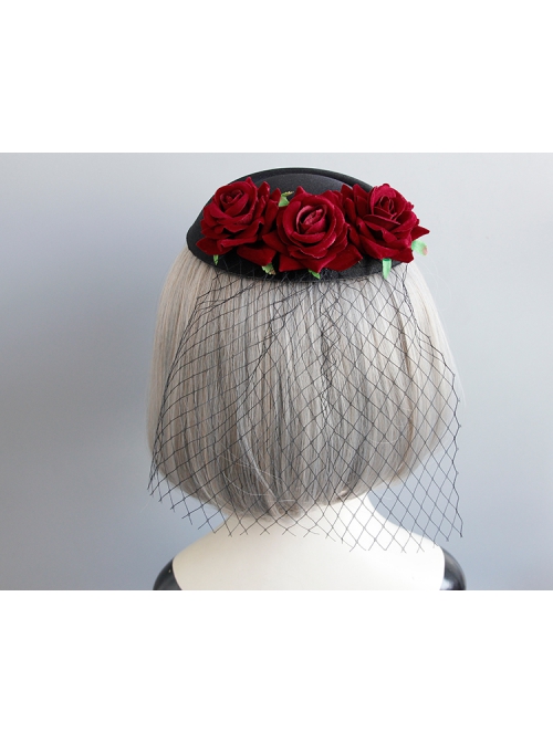 Gothic Halloween Christmas Retro Fashion Dinner Black Veil Red Rose Flower Small Top Hat