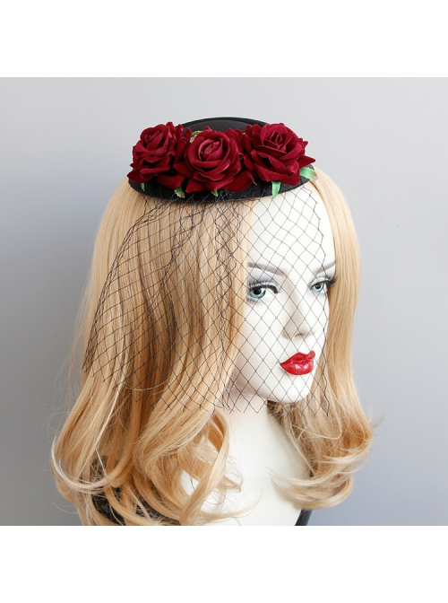 Gothic Halloween Christmas Retro Fashion Dinner Black Veil Red Rose Flower Small Top Hat
