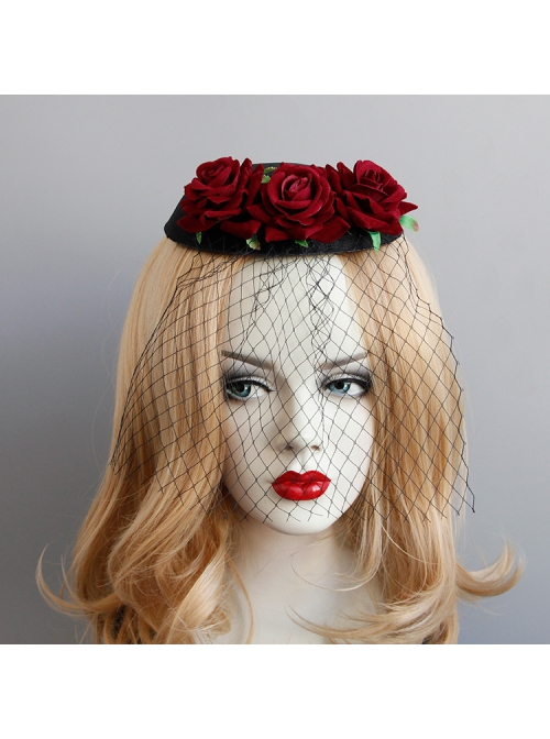 Gothic Halloween Christmas Retro Fashion Dinner Black Veil Red Rose Flower Small Top Hat