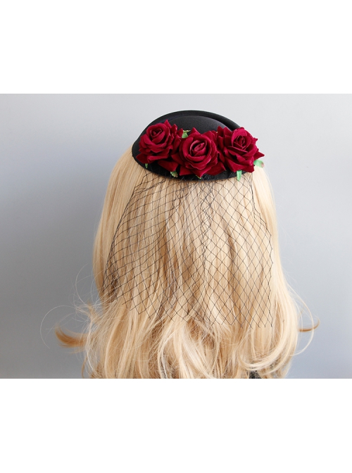 Gothic Halloween Christmas Retro Fashion Dinner Black Veil Red Rose Flower Small Top Hat