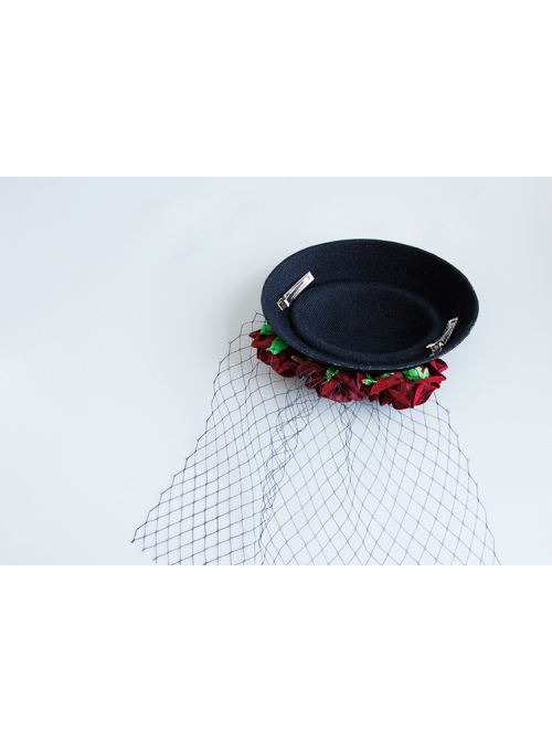 Gothic Halloween Christmas Retro Fashion Dinner Black Veil Red Rose Flower Small Top Hat