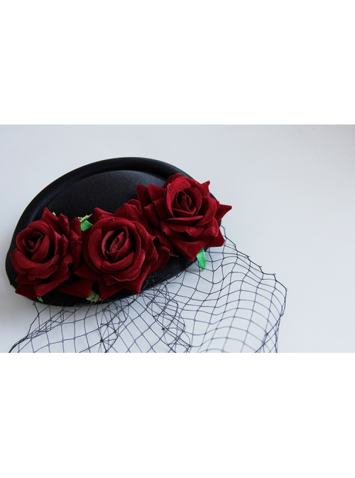 Gothic Halloween Christmas Retro Fashion Dinner Black Veil Red Rose Flower Small Top Hat