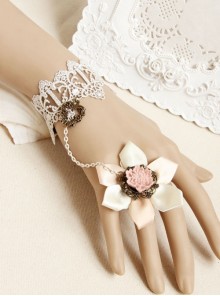 Retro Fashion White Lace Pink Flowers Female Bride Bridesmaid Bracelet Ring One Chain