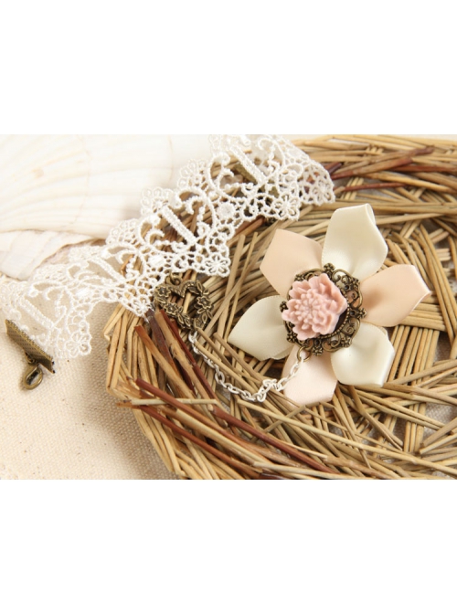 Retro Fashion White Lace Pink Flowers Female Bride Bridesmaid Bracelet Ring One Chain