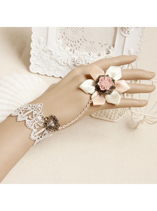 Retro Fashion White Lace Pink Flowers Female Bride Bridesmaid Bracelet Ring One Chain