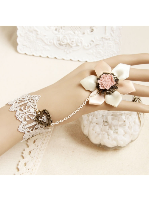 Retro Fashion White Lace Pink Flowers Female Bride Bridesmaid Bracelet Ring One Chain