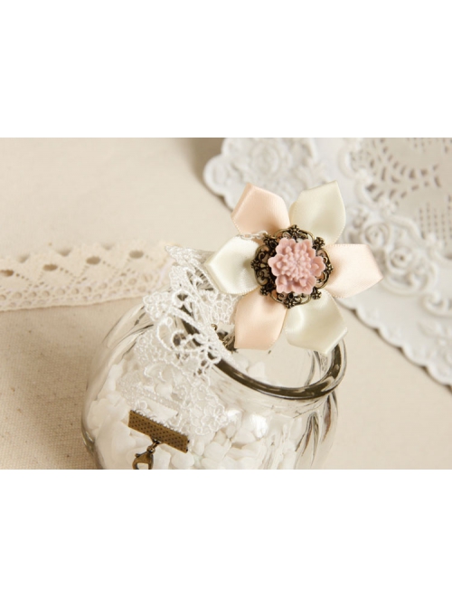 Retro Fashion White Lace Pink Flowers Female Bride Bridesmaid Bracelet Ring One Chain