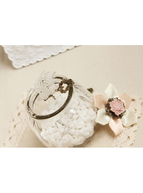 Retro Fashion White Lace Pink Flowers Female Bride Bridesmaid Bracelet Ring One Chain