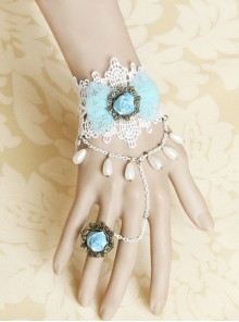 Retro Fashion Bride White Lace Blue Rose Female Handmade Bracelet With Ring One Chain