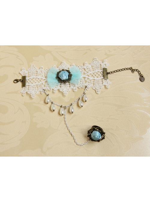Retro Fashion Bride White Lace Blue Rose Female Handmade Bracelet With Ring One Chain